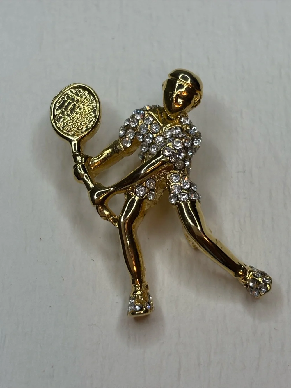 Gold Tone Tennis Player Brooch with Clear Crystal Accents
